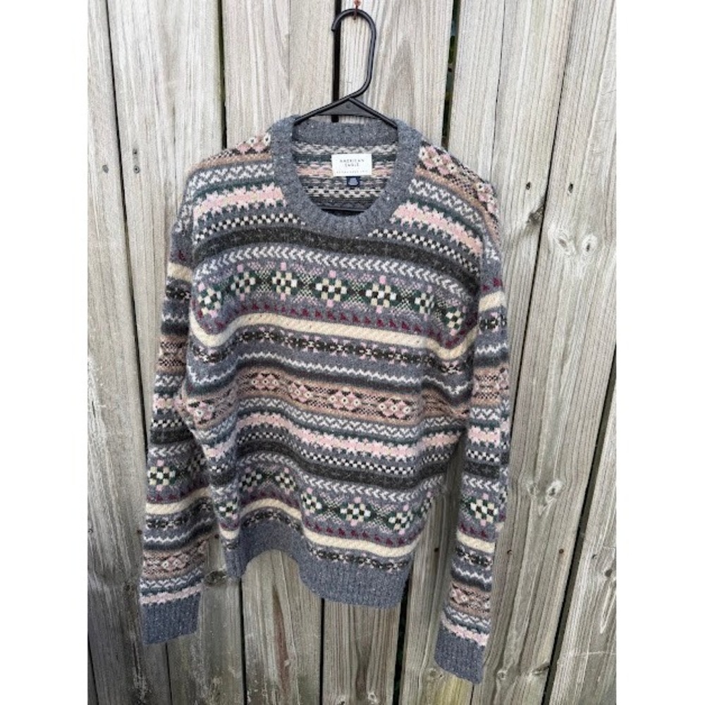 Fair Isle Cottagecore American Eagle Sweater Large Grey Pink Nordic Crewneck